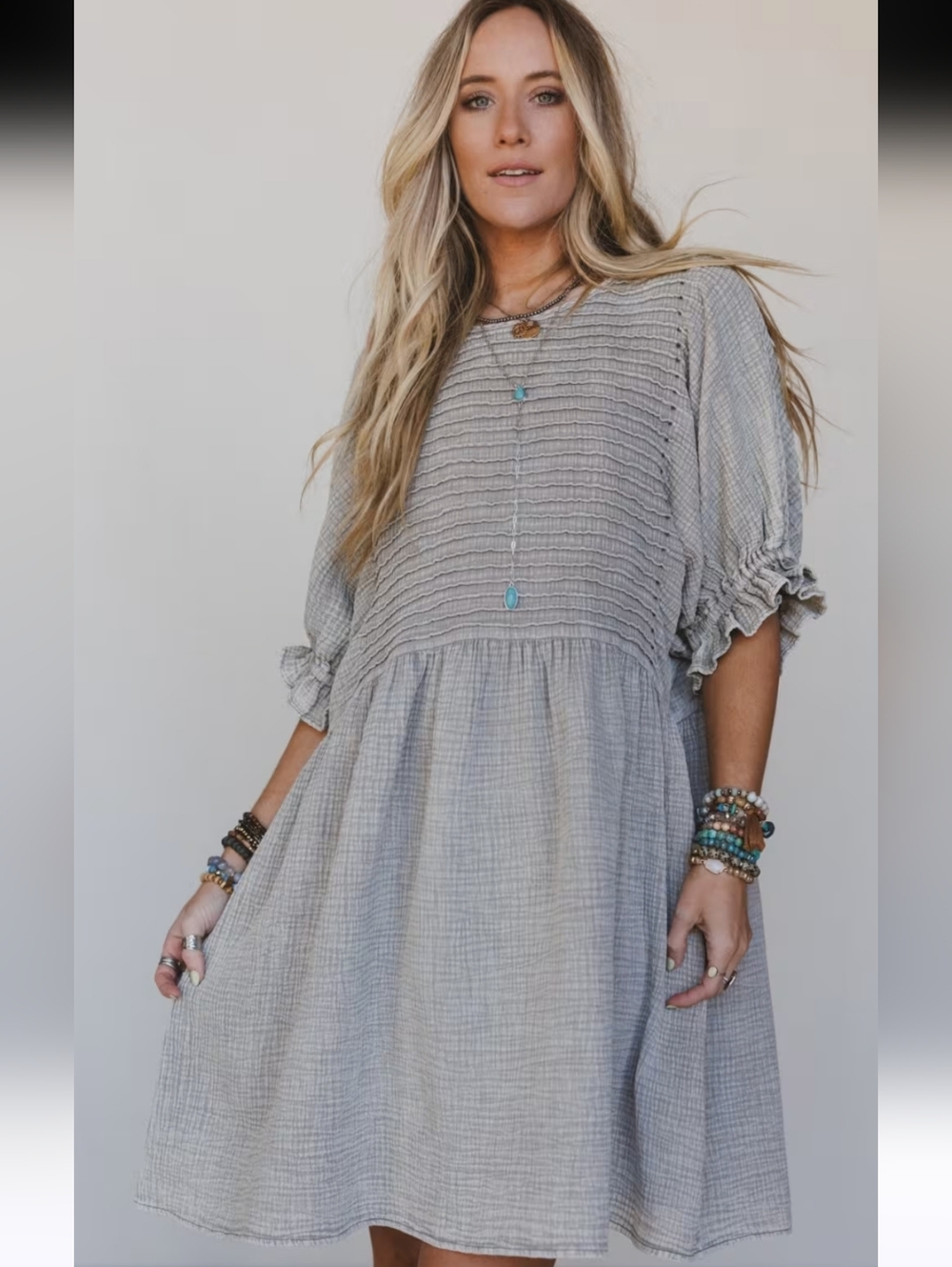 Three Bird Nest Mini Dress Quinn Puff Sleeve Oatmeal Boho Peasant Oversized S - Picture 3 of 16